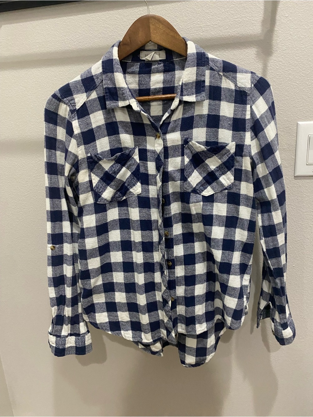 Blue and White Buffalo Plaid Button-Up Women’s Shirt